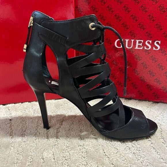 Guess Larkee Black Leather Strappy Heels - Picture 8 of 8